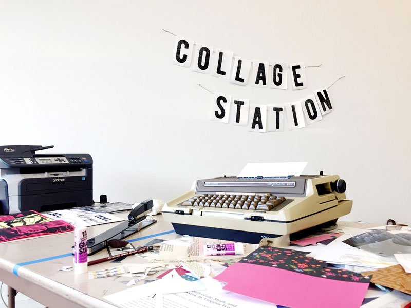 A collage station set-up for the drop-in zine workshop at the Drugstore