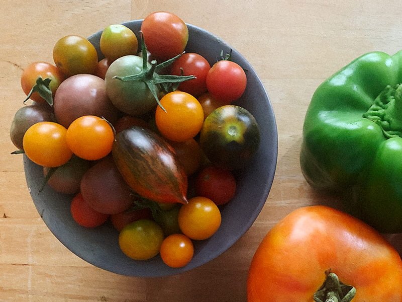 A grey ceramic bowl full of gem-toned cherry tomatoes sits next to a green bell pepper and an orange slicing tomato.