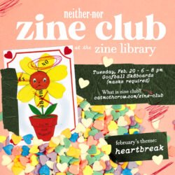 A flyer advertising the February 2024 meeting of the neither-nor Zine Club.