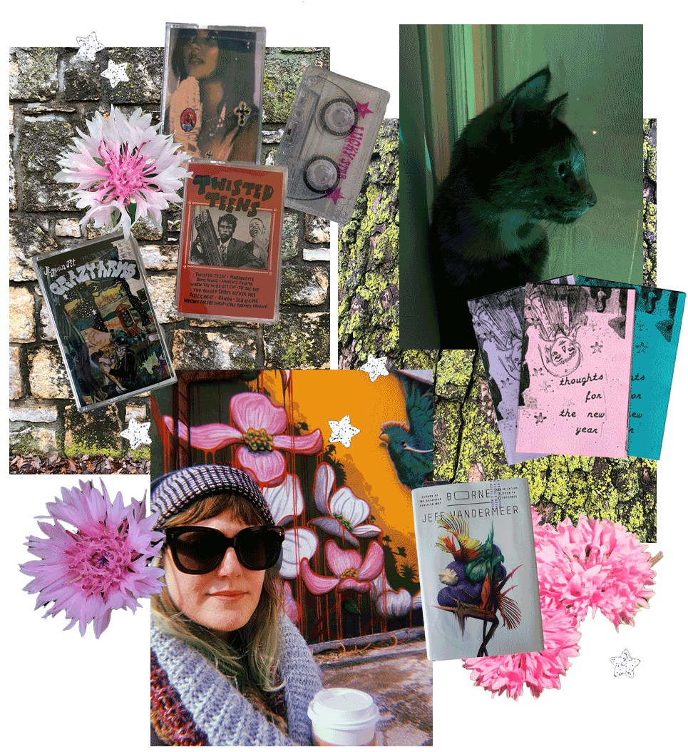 A collage featuring Dayna's favorite things for January: images of mossy bricks and tree back, pink bachelor button flowers, zines, casettes, and her cat Ruby drenched in a glowy green light.