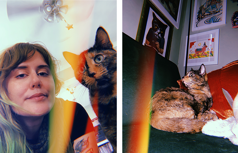 Two photos side by side: on the left, a person with brown-to-green ombre hair and pale white skin stares down at the camera, and a tortieshell cat with a black stripe down its nose sits next to them staring off into space. On the right, the same tortie cat sits on a green couch against an orange pillow, staring at something offscreen. Both pictures have orange and gold light leak streaks running across them.