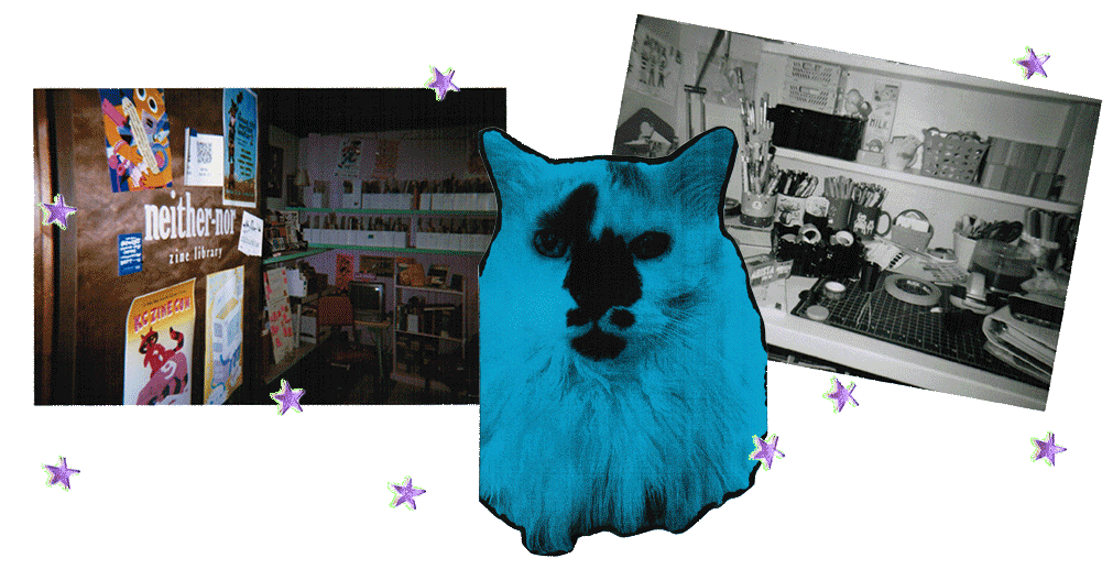 35mm photographs of the Neither/nor Zine Library in color, and a black and white shot of Dayna's desk covered in zine supplies and pens. Laid on top is Coco Zine, a zine shaped like the cat Coco Bean, printed on blue cardstock. The photos are all covered in sketchy stars.