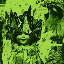 A collage. In the foreground, a doll with text ("more art", "resist", "show up", "balance" "i can do more from a balanced place") erupting from her skull.