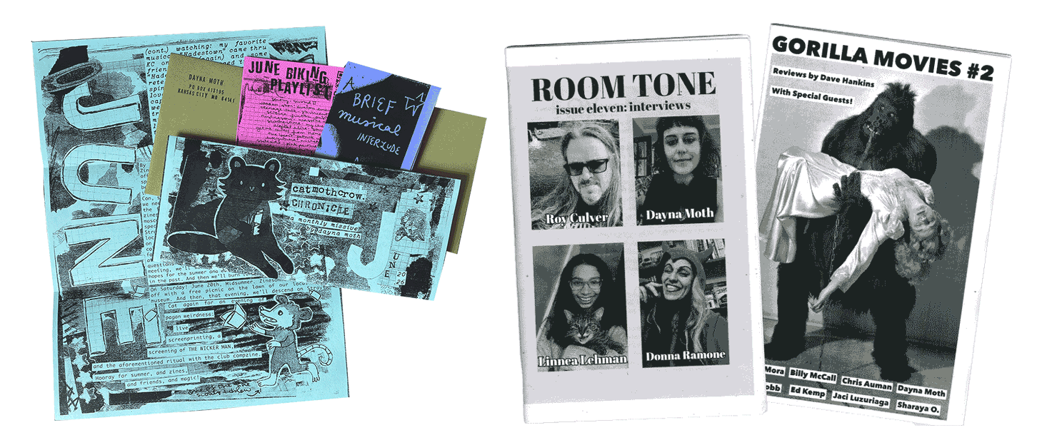 The june catmothcrow chronicle mailings and two b&w zines: Room Tone issue 11 and Gorilla Movies no.2