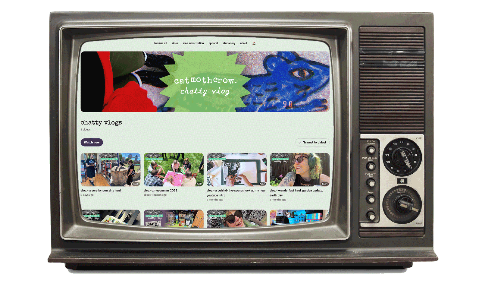 A tv set showing the cmc chatty vlog landing page