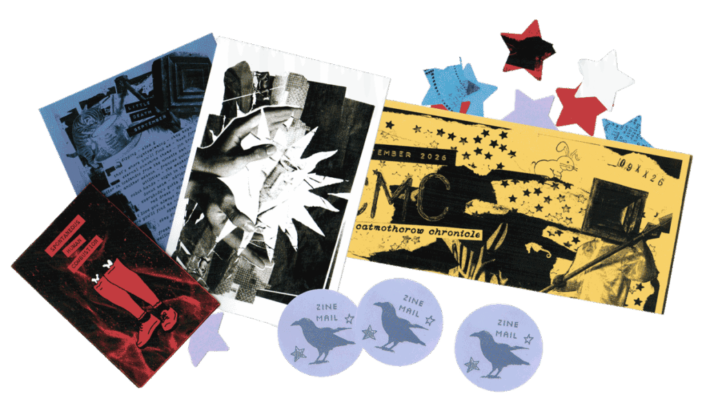 A mini zine, playlist flyer, postcard, and newsletter zine all featuring Dayna's art, plus 3 "zine mail" stickers and star confetti.
